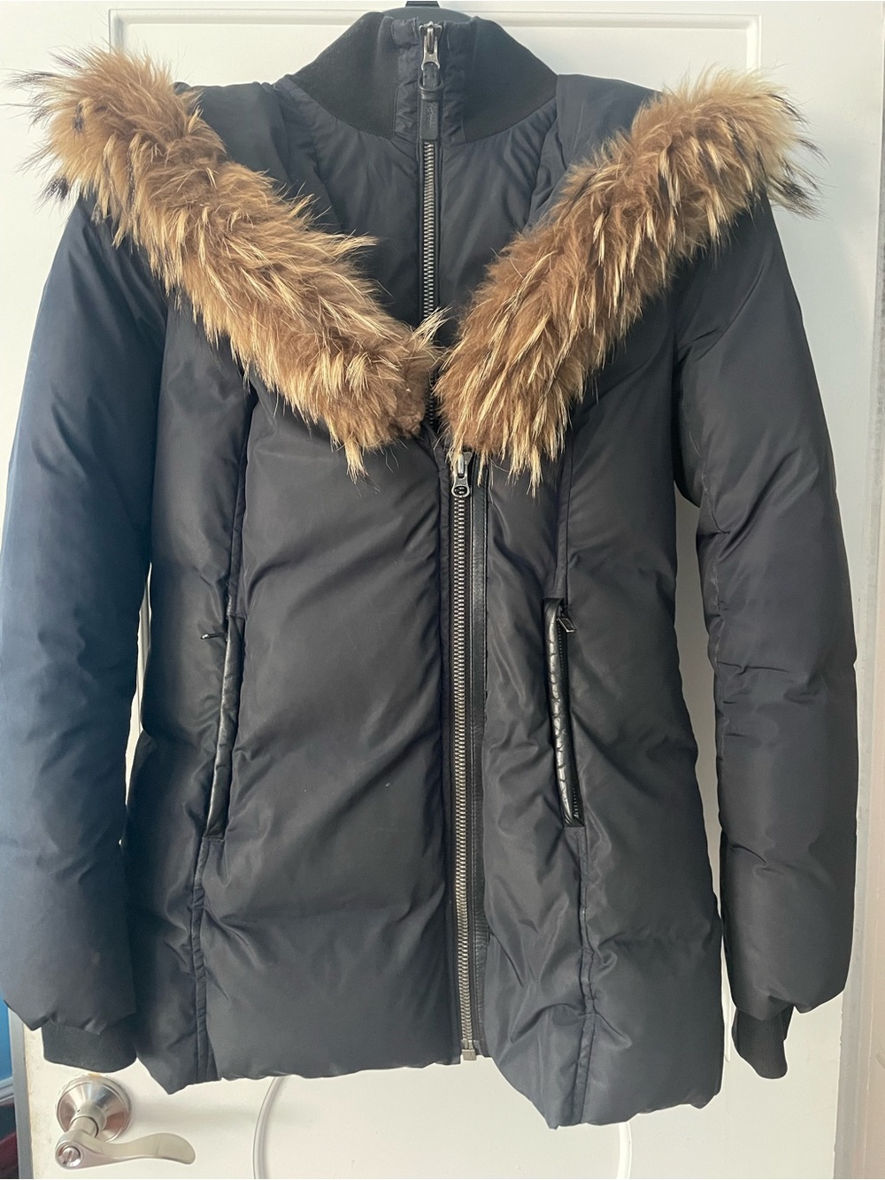 Women’s Mackage Blue Down Coat with Mackage signature natural Fur Trim size.
